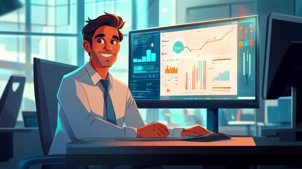 Empresário analisando o painel de um ERP em um ambiente organizado e eficiente.