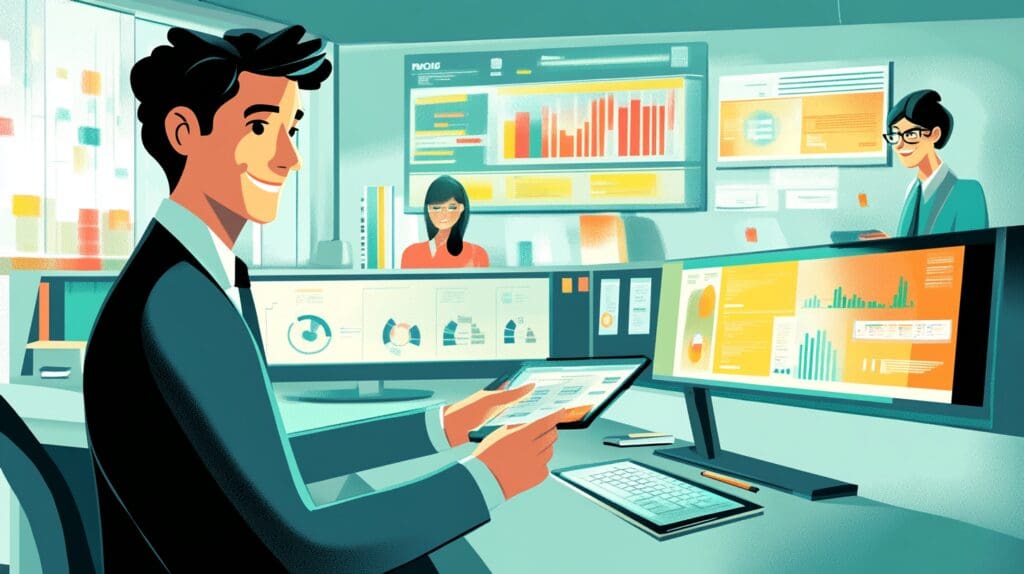 Empresário usando um painel digital intuitivo para simplificar a gestão do negócio.