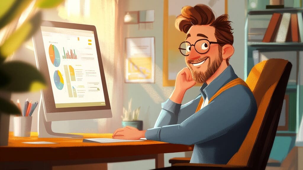 Empresário analisando um painel de CRM com informações organizadas e gráficos de desempenho.