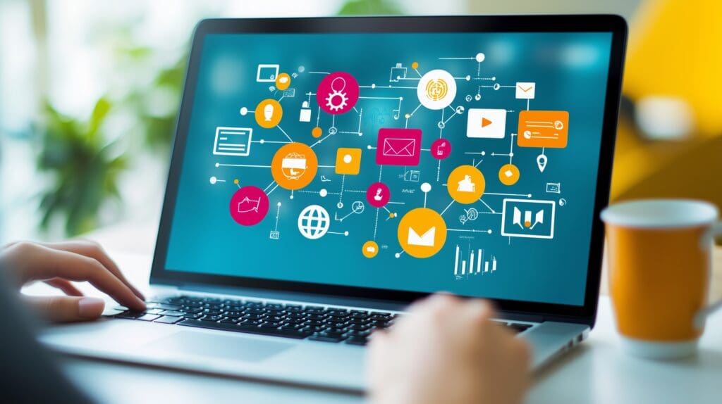 Empresário usando um laptop para gerenciar redes sociais e estratégias digitais em um ambiente moderno e criativo