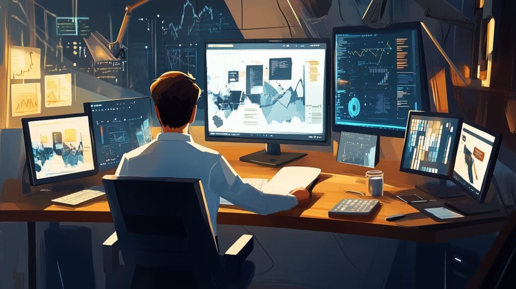 Empresário analisando um painel digital com gráficos de organização e crescimento, em um ambiente moderno e organizado
