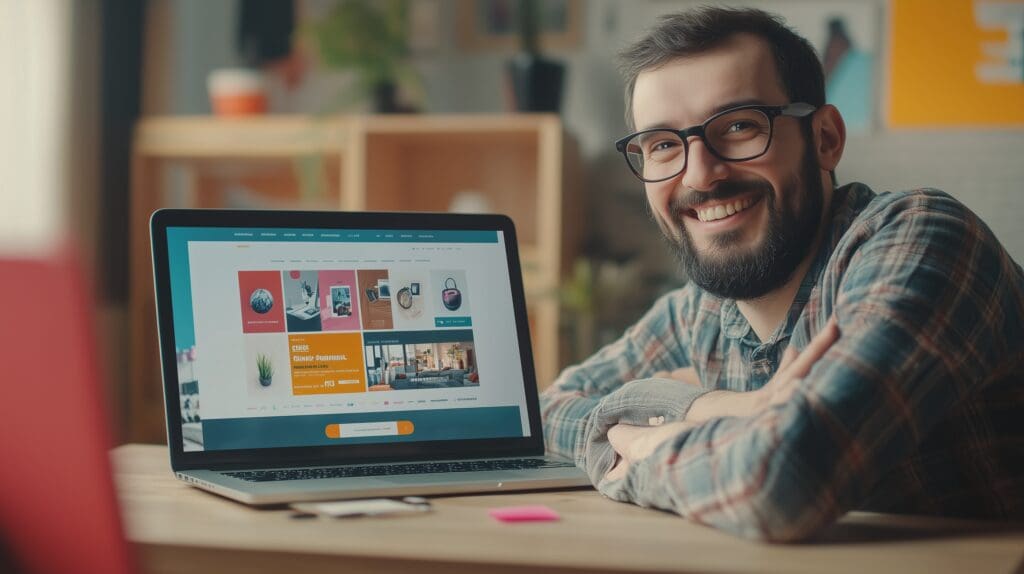 Empresário visualizando o design de um site profissional em um laptop, em um ambiente moderno e criativo