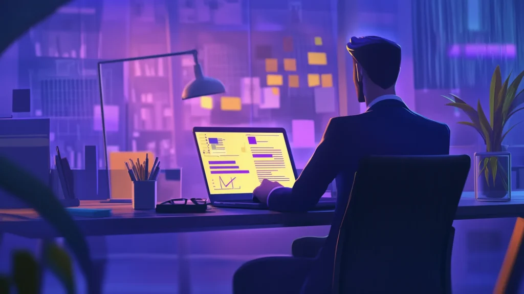 Empresário em um ambiente moderno usando um laptop com ferramentas de gestão abertas, enquanto sua equipe colabora ao fundo.