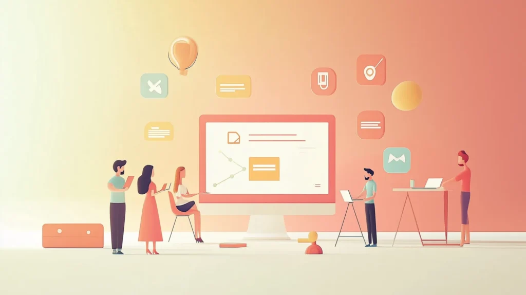 Ilustração de uma equipe em um ambiente de aprendizado digital colaborativo, representando a educação corporativa em pequenas empresas.