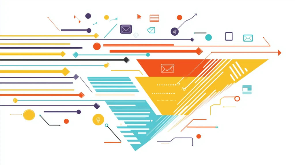 Uma ilustração vibrante de um funil de vendas digital representado visualmente, com setas que levam de visitantes a leads e clientes. Ícones para criação de conteúdo, marketing por e-mail e páginas de checkout são mostrados, destacando a jornada em um estilo envolvente e moderno.