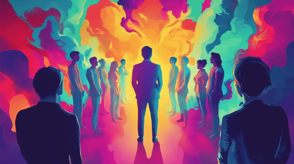 Uma ilustração de um líder inspirando sua equipe em um ambiente moderno e colaborativo, representando práticas de liderança no século 21.