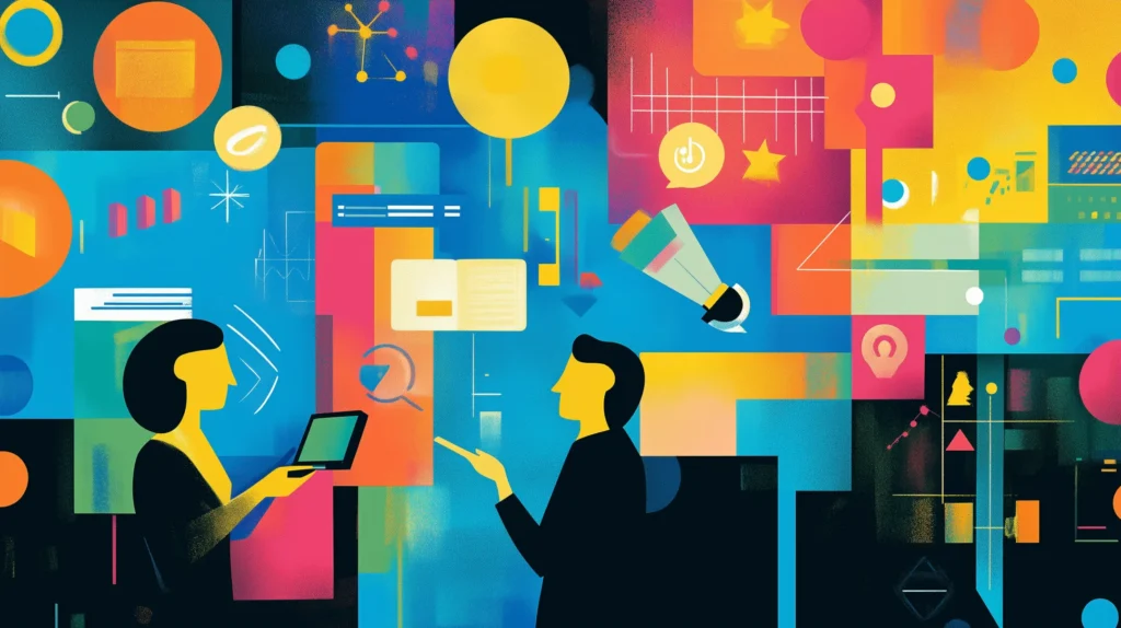 Uma ilustração vibrante e cativante de um pequeno empresário compartilhando histórias com clientes, com ícones simbólicos como livros, balões de fala e telas digitais ao redor deles. A imagem evoca criatividade, conexão e emoção.